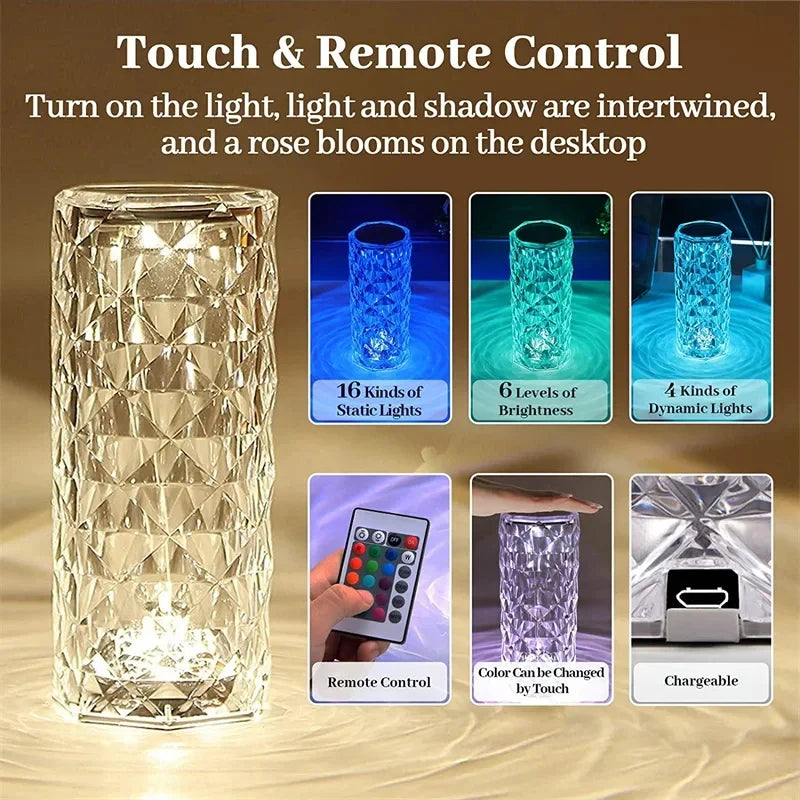 16 Colors Crystal Night Light LED Touch Projection Table Lamp